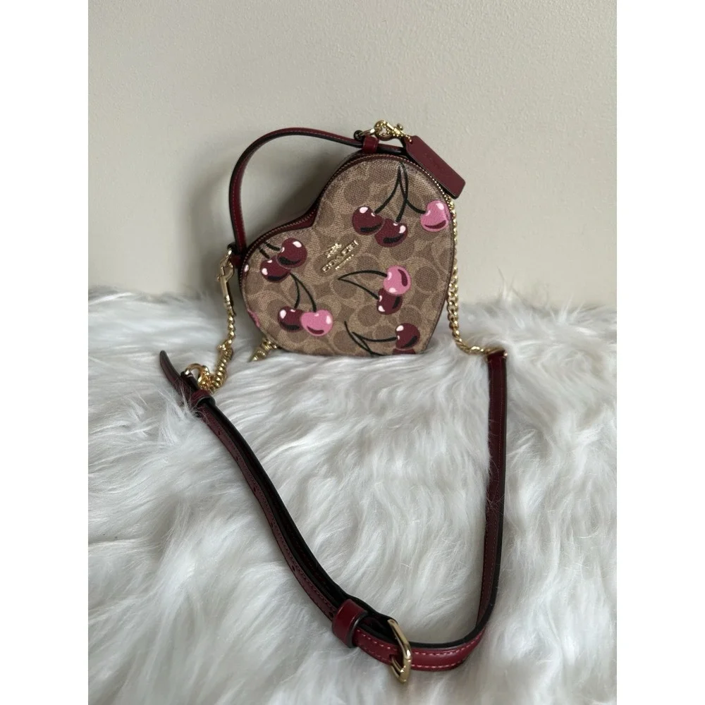 Coach Heart Crossbody Bag Signature Canvas Cherry Print Brown Red CF381 - Picture 3 of 10